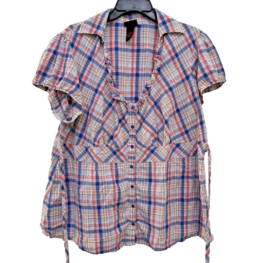 Torrid Womans Plaid Cottagecore Ruffle Top Size 2 Red Blue‎ Gingham Tie Front